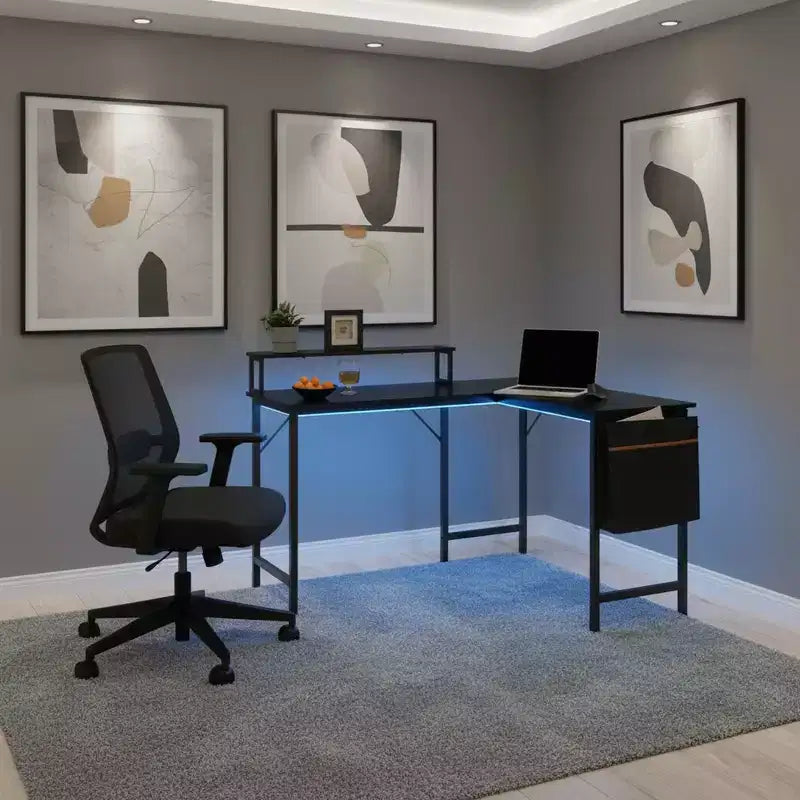L Shaped Computer Desk Reversible with LED Lights, 48.8 Writing Gaming Table with Shelf, Home Office Desk Corner Desk with Storage Bag