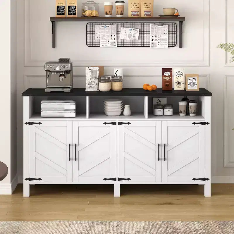 59 Modern 4-Door Sideboard Buffet Cabinet with Half-Open Storage, Adjustable Shelves, TV Stand, Living Room, Dining Room, Entryway