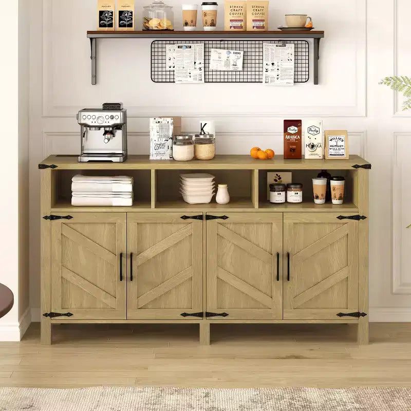 59 Modern 4-Door Sideboard Buffet Cabinet with Half-Open Storage, Adjustable Shelves, TV Stand, Living Room, Dining Room, Entryway