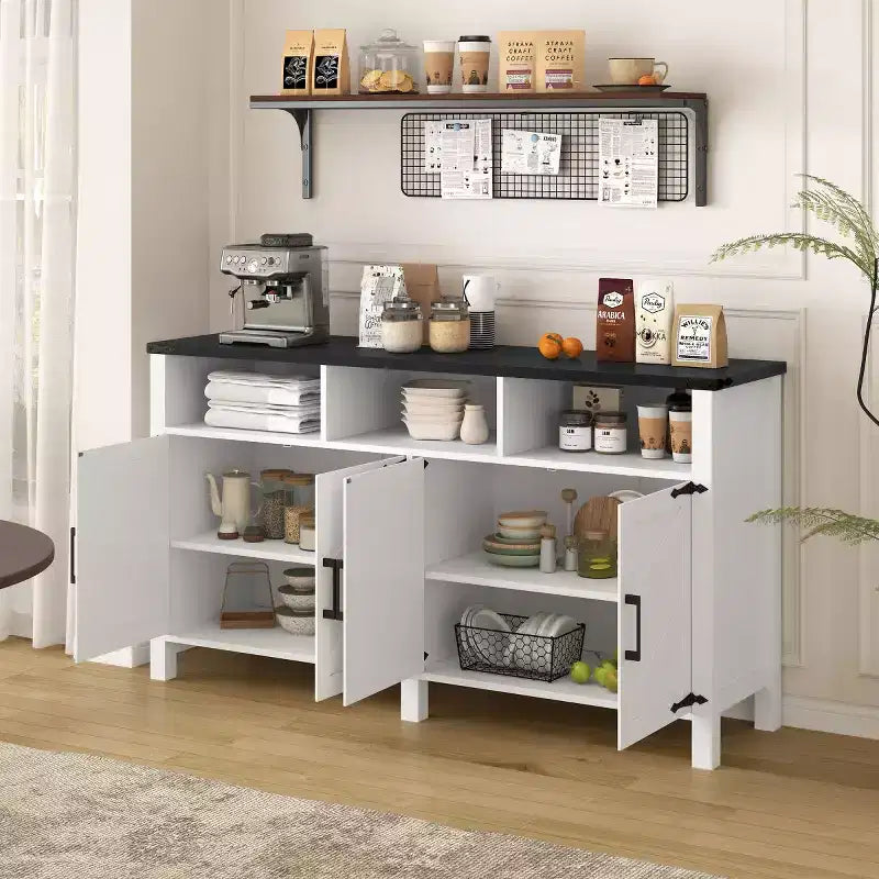 59 Modern 4-Door Sideboard Buffet Cabinet with Half-Open Storage, Adjustable Shelves, TV Stand, Living Room, Dining Room, Entryway