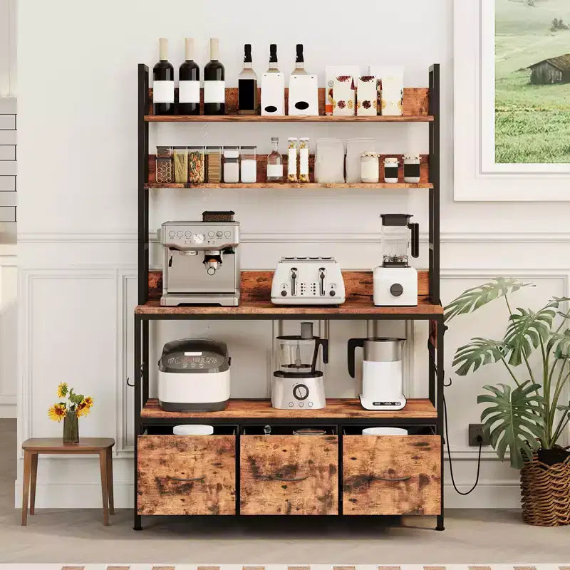 Industrial 5-Tier Kitchen Bakers Rack with Storage- Metal Frame Microwave Stand with Drawers&Shelves, Versatile Farmhouse Coffee Bar Cabinet