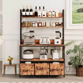 Industrial 5-Tier Kitchen Bakers Rack with Storage- Metal Frame Microwave Stand with Drawers&Shelves, Versatile Farmhouse Coffee Bar Cabinet