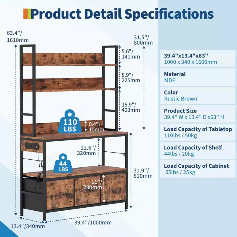 Industrial 5-Tier Kitchen Bakers Rack with Storage- Metal Frame Microwave Stand with Drawers&Shelves, Versatile Farmhouse Coffee Bar Cabinet