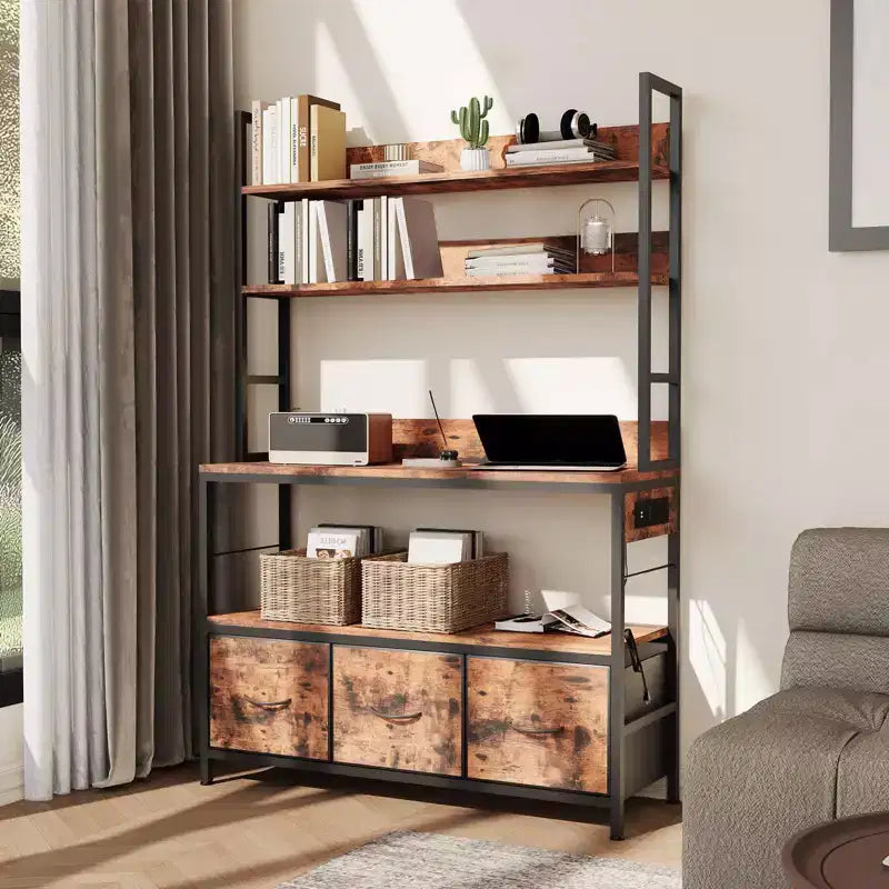 Industrial 5-Tier Kitchen Bakers Rack with Storage- Metal Frame Microwave Stand with Drawers&Shelves, Versatile Farmhouse Coffee Bar Cabinet