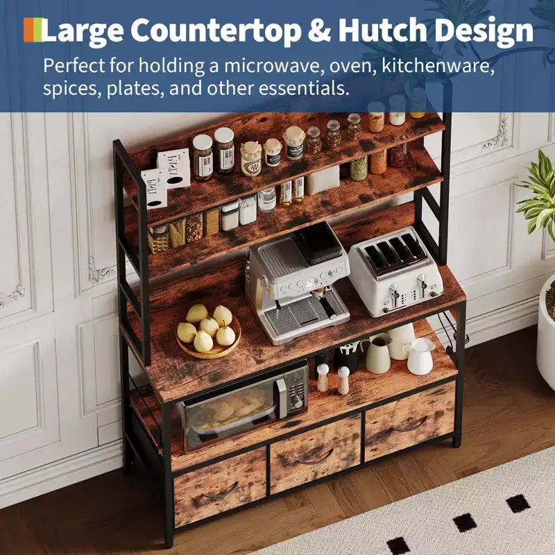 Industrial 5-Tier Kitchen Bakers Rack with Storage- Metal Frame Microwave Stand with Drawers&Shelves, Versatile Farmhouse Coffee Bar Cabinet