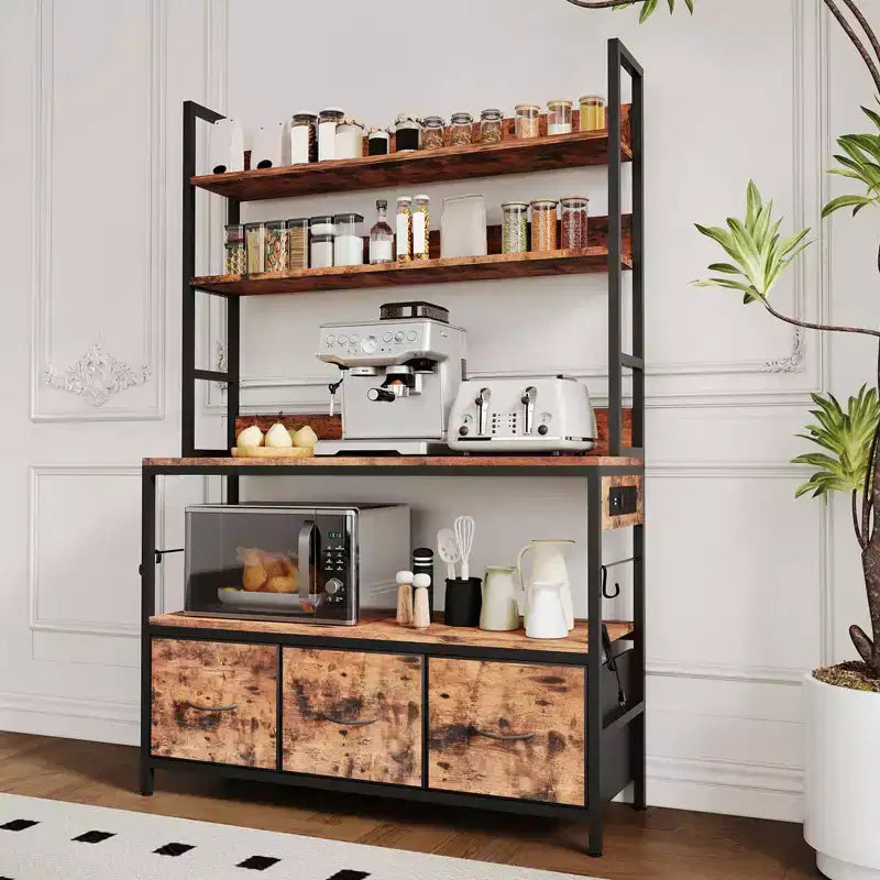 Industrial 5-Tier Kitchen Bakers Rack with Storage- Metal Frame Microwave Stand with Drawers&Shelves, Versatile Farmhouse Coffee Bar Cabinet