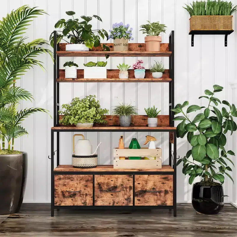 Industrial 5-Tier Kitchen Bakers Rack with Storage- Metal Frame Microwave Stand with Drawers&Shelves, Versatile Farmhouse Coffee Bar Cabinet