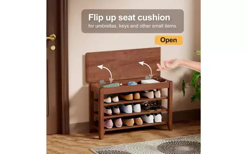 Bellemave Shoe Rack Bench with Flip Top Storage, Solid Wood 3 Tier Entryway Bench, helves Rubberwood Shoe Organizer, Walnut