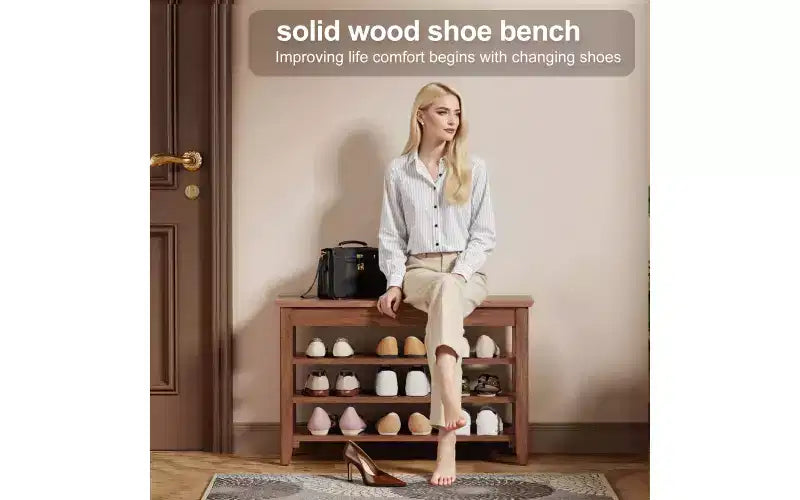 Shoe Rack Bench with Flip Top Storage, Solid Wood 3 Tier Entryway Bench, helves Rubberwood Shoe Organizer, Walnut