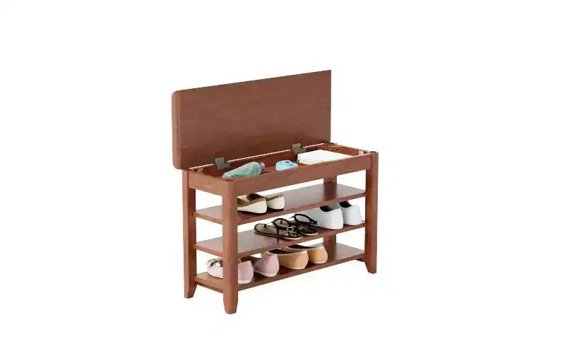 Shoe Rack Bench with Flip Top Storage, Solid Wood 3 Tier Entryway Bench, helves Rubberwood Shoe Organizer, Walnut