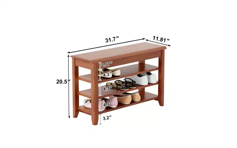 Shoe Rack Bench with Flip Top Storage, Solid Wood 3 Tier Entryway Bench, helves Rubberwood Shoe Organizer, Walnut