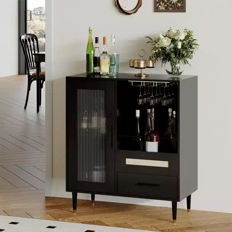 Modern Wine Bar Cabinet & Mini Coffee Bar Cabinet with Storage,Liquor Storage Sideboard with Tempered Glass Door &Drawers for Home Kitchen,Dining Room