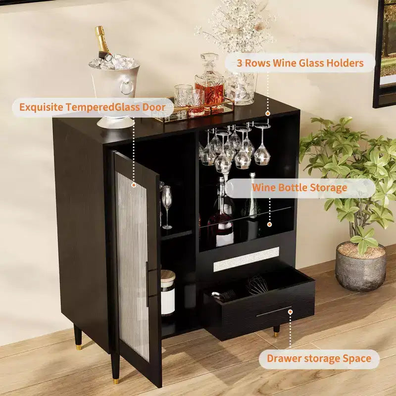 Modern Wine Bar Cabinet & Mini Coffee Bar Cabinet with Storage,Liquor Storage Sideboard with Tempered Glass Door &Drawers for Home Kitchen,Dining Room