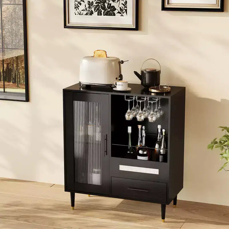 Modern Wine Bar Cabinet & Mini Coffee Bar Cabinet with Storage,Liquor Storage Sideboard with Tempered Glass Door &Drawers for Home Kitchen,Dining Room