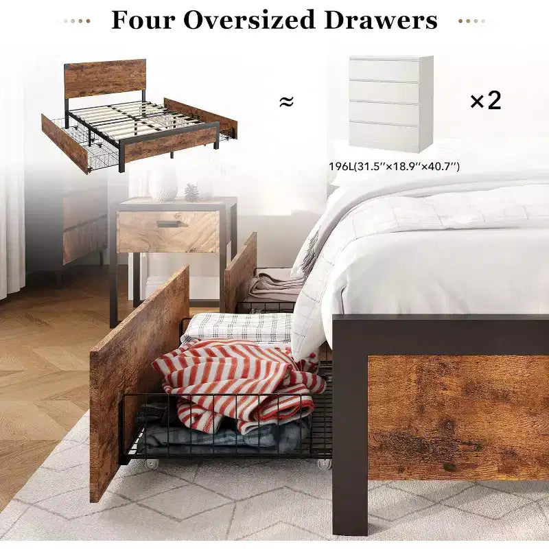 Cadre de lit double avec 4 rangements, cadre de lit plateforme en métal robuste avec tête et pied de lit en bois vintage, pas besoin de sommier tapissier