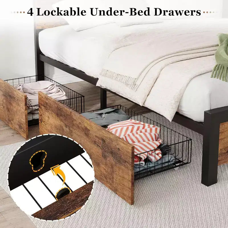 Cadre de lit double avec 4 rangements, cadre de lit plateforme en métal robuste avec tête et pied de lit en bois vintage, pas besoin de sommier tapissier