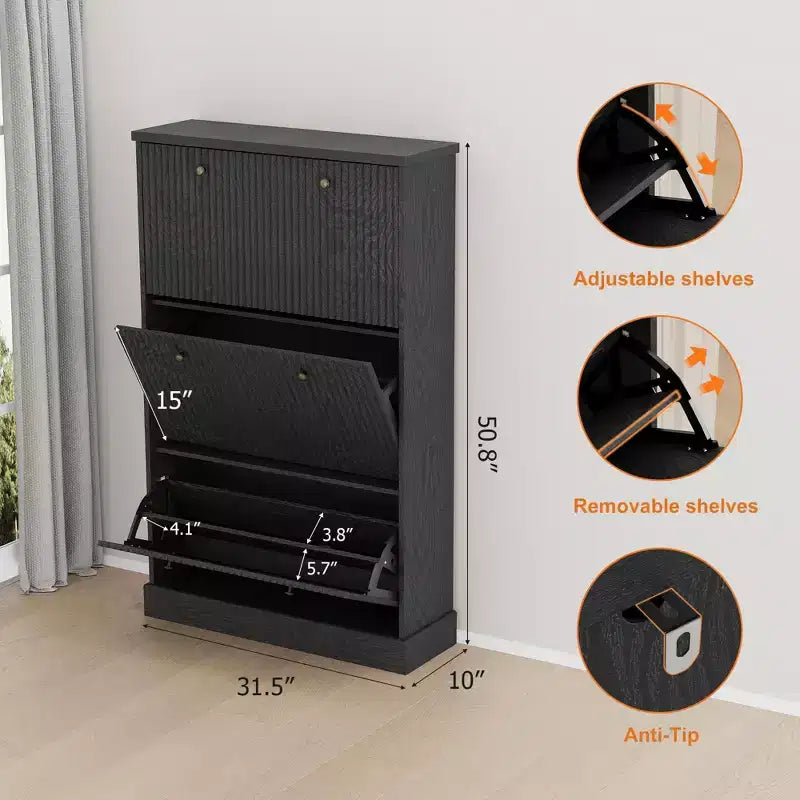 Fluted Shoe Cabinet Storage with 3 Flip Drawers, Wooden Narrow Shoe Organizer with Adjustable and Removable Shelves, Freestanding Slim Shoe Storage