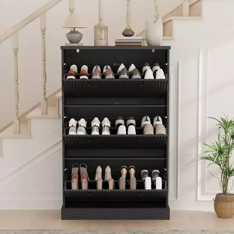 Fluted Shoe Cabinet Storage with 3 Flip Drawers, Wooden Narrow Shoe Organizer with Adjustable and Removable Shelves, Freestanding Slim Shoe Storage