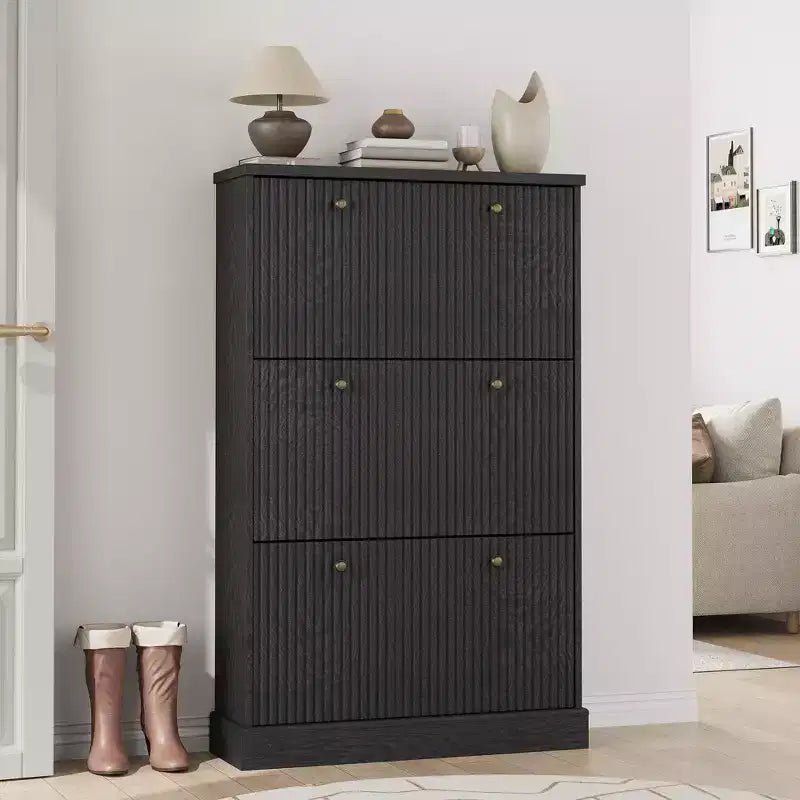 Fluted Shoe Cabinet Storage with 3 Flip Drawers, Wooden Narrow Shoe Organizer with Adjustable and Removable Shelves, Freestanding Slim Shoe Storage