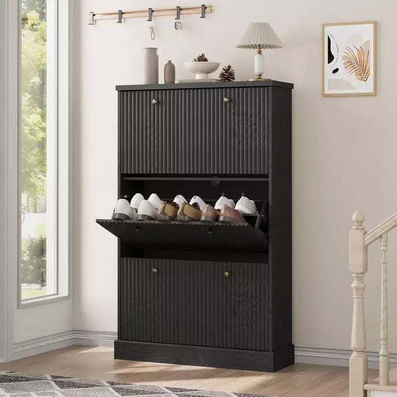 Fluted Shoe Cabinet Storage with 3 Flip Drawers, Wooden Narrow Shoe Organizer with Adjustable and Removable Shelves, Freestanding Slim Shoe Storage