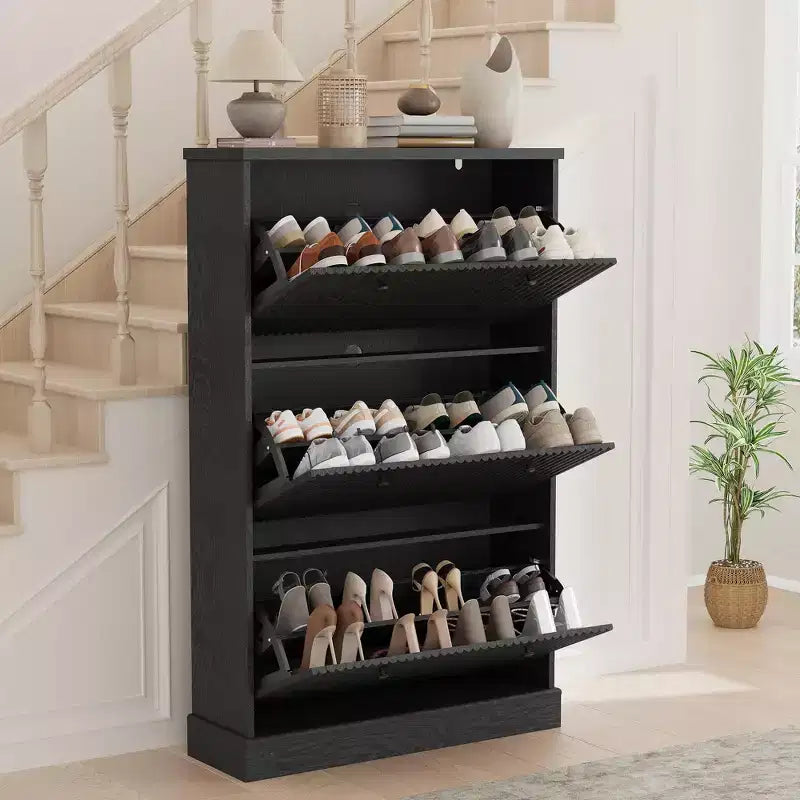 Fluted Shoe Cabinet Storage with 3 Flip Drawers, Wooden Narrow Shoe Organizer with Adjustable and Removable Shelves, Freestanding Slim Shoe Storage