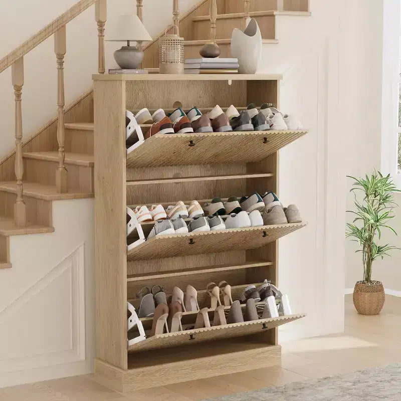 Fluted Shoe Cabinet Storage with 3 Flip Drawers, Wooden Narrow Shoe Organizer with Adjustable and Removable Shelves, Freestanding Slim Shoe Storage