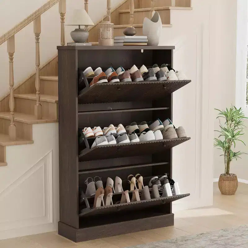 Fluted Shoe Cabinet Storage with 3 Flip Drawers, Wooden Narrow Shoe Organizer with Adjustable and Removable Shelves, Freestanding Slim Shoe Storage