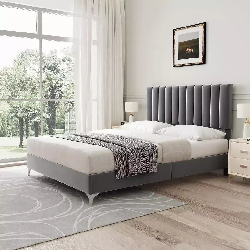 Bed Frame with Adjustable Headboard, Velvet Upholstered Platform Bed Frame with Wooden Slats Support, Full Bed Frame with Under Space