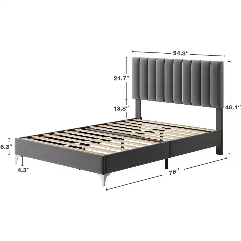 Bed Frame with Adjustable Headboard, Velvet Upholstered Platform Bed Frame with Wooden Slats Support, Full Bed Frame with Under Space