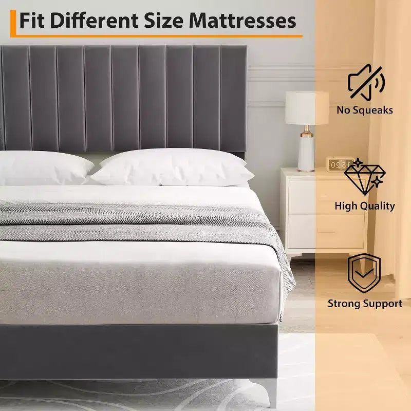 Bed Frame with Adjustable Headboard, Velvet Upholstered Platform Bed Frame with Wooden Slats Support, Full Bed Frame with Under Space