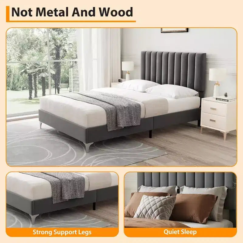 Bed Frame with Adjustable Headboard, Velvet Upholstered Platform Bed Frame with Wooden Slats Support, Full Bed Frame with Under Space