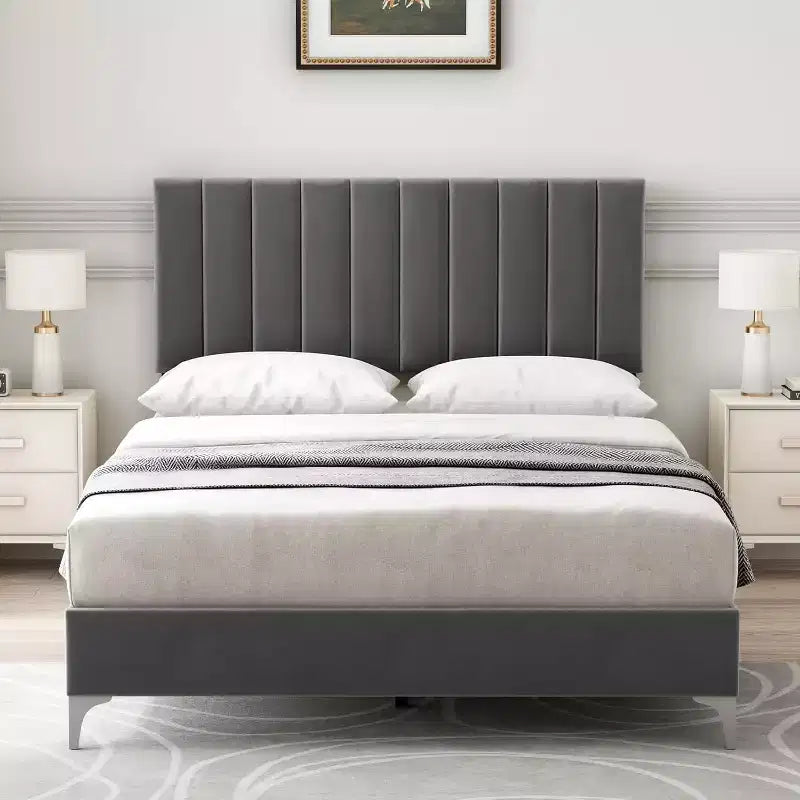 Bed Frame with Adjustable Headboard, Velvet Upholstered Platform Bed Frame with Wooden Slats Support, Full Bed Frame with Under Space