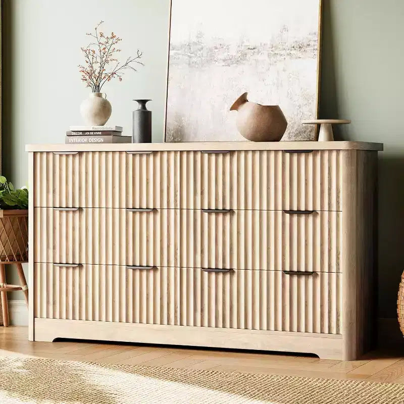 luted 6 Drawer Dresser Modern Storage Cabinet with Wide Top for Bedroom Living Room Sturdy Wooden Chest of Drawers TV Stand Organizer