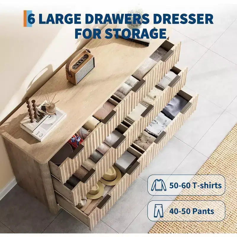 luted 6 Drawer Dresser Modern Storage Cabinet with Wide Top for Bedroom Living Room Sturdy Wooden Chest of Drawers TV Stand Organizer