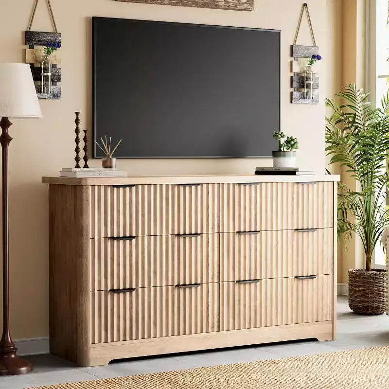 luted 6 Drawer Dresser Modern Storage Cabinet with Wide Top for Bedroom Living Room Sturdy Wooden Chest of Drawers TV Stand Organizer
