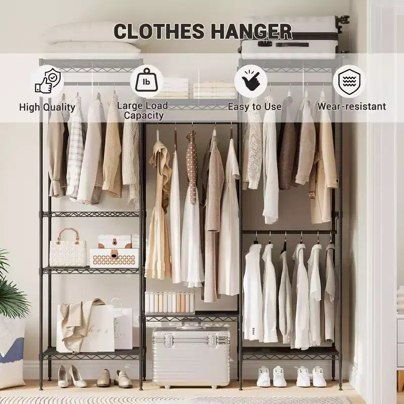 Metal Clothing Rack with 4 Adjustable Hanging Rods and 8 Shelves, Wardrobe Closet Organizer for Clothes, Shoes, and Accessories
