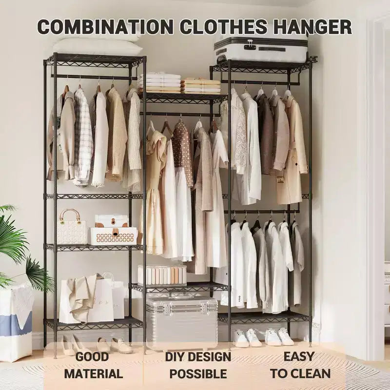 Metal Clothing Rack with 4 Adjustable Hanging Rods and 8 Shelves, Wardrobe Closet Organizer for Clothes, Shoes, and Accessories