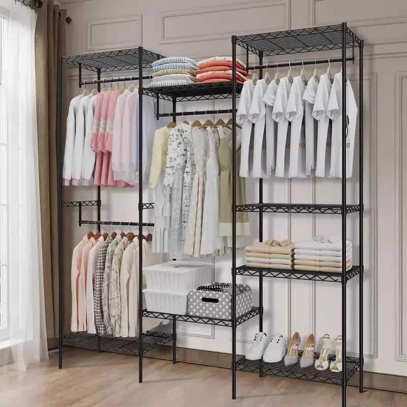 Metal Clothing Rack with 4 Adjustable Hanging Rods and 8 Shelves, Wardrobe Closet Organizer for Clothes, Shoes, and Accessories