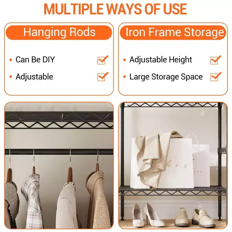Metal Clothing Rack with 4 Adjustable Hanging Rods and 8 Shelves, Wardrobe Closet Organizer for Clothes, Shoes, and Accessories