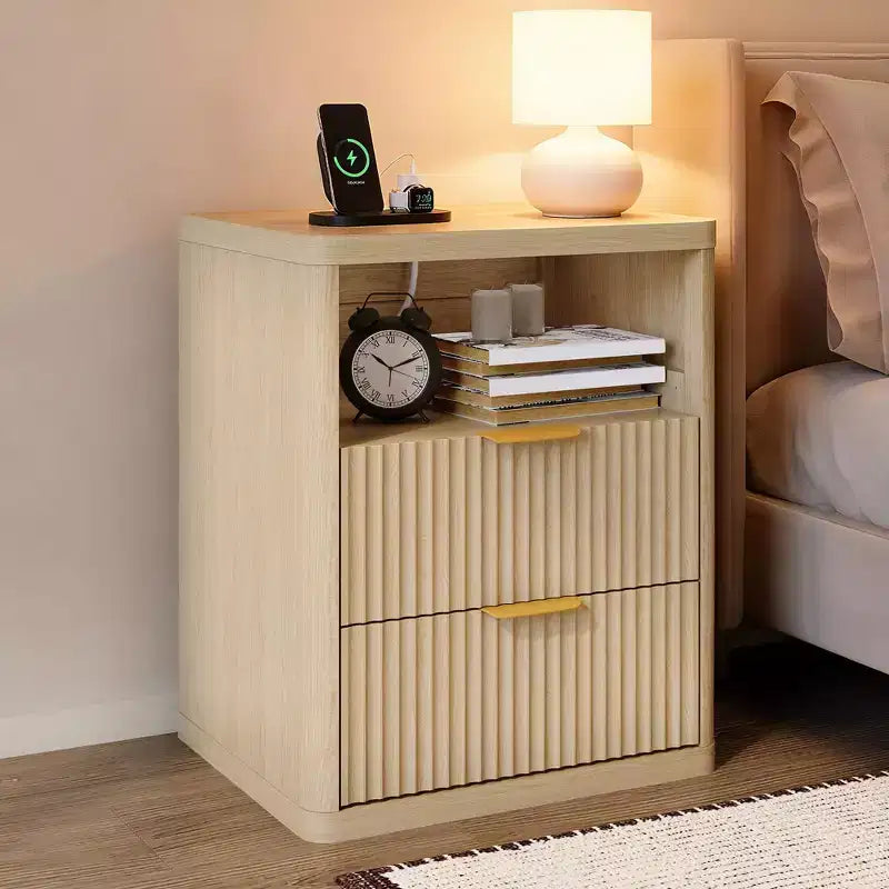 Fluted Nightstand, Bedside Table with 2 Drawers and Open Storage Space, Metal Handles and Rounded Corners, Mid Century Modern End Table