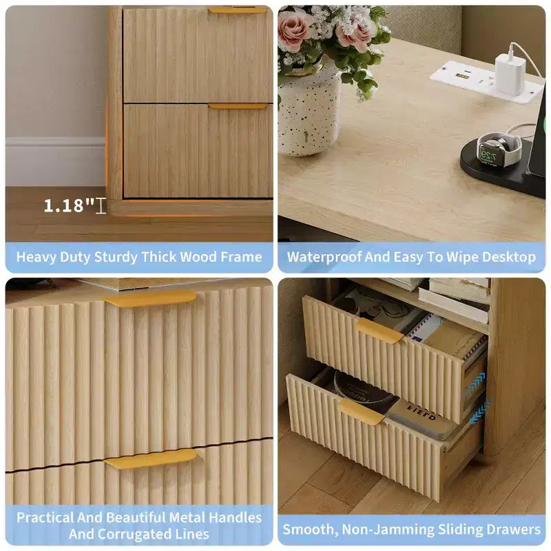 Fluted Nightstand, Bedside Table with 2 Drawers and Open Storage Space, Metal Handles and Rounded Corners, Mid Century Modern End Table