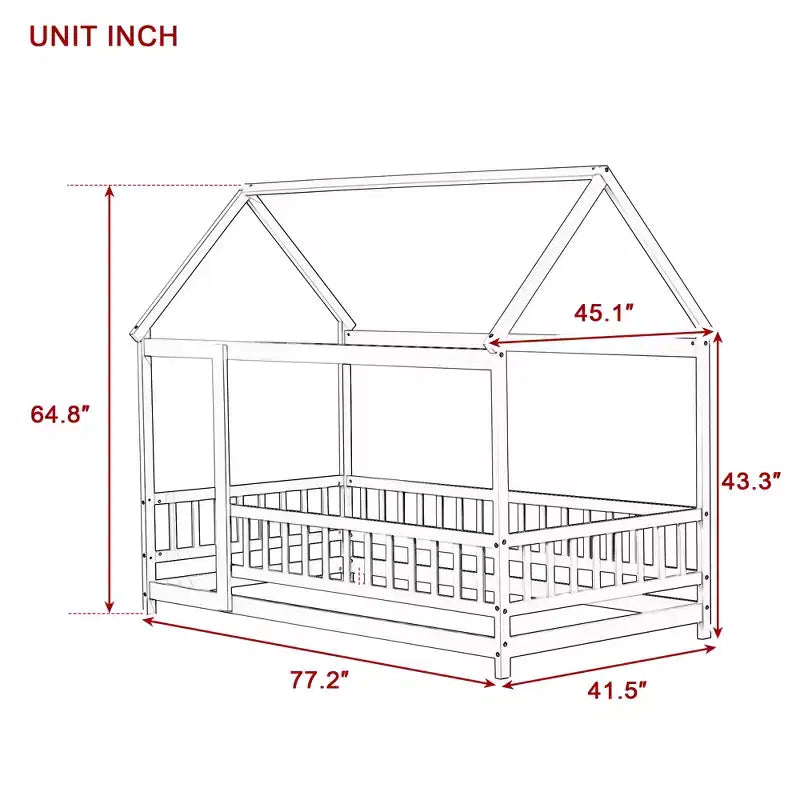 Twin House Floor Bed with Safety Guardrails,Rubber Wood House Floor Bed Frame with Montessori and Childlike Design,Gray