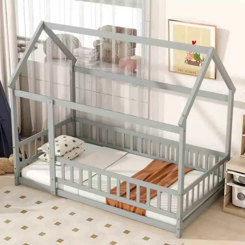 Twin House Floor Bed with Safety Guardrails,Rubber Wood House Floor Bed Frame with Montessori and Childlike Design,Gray