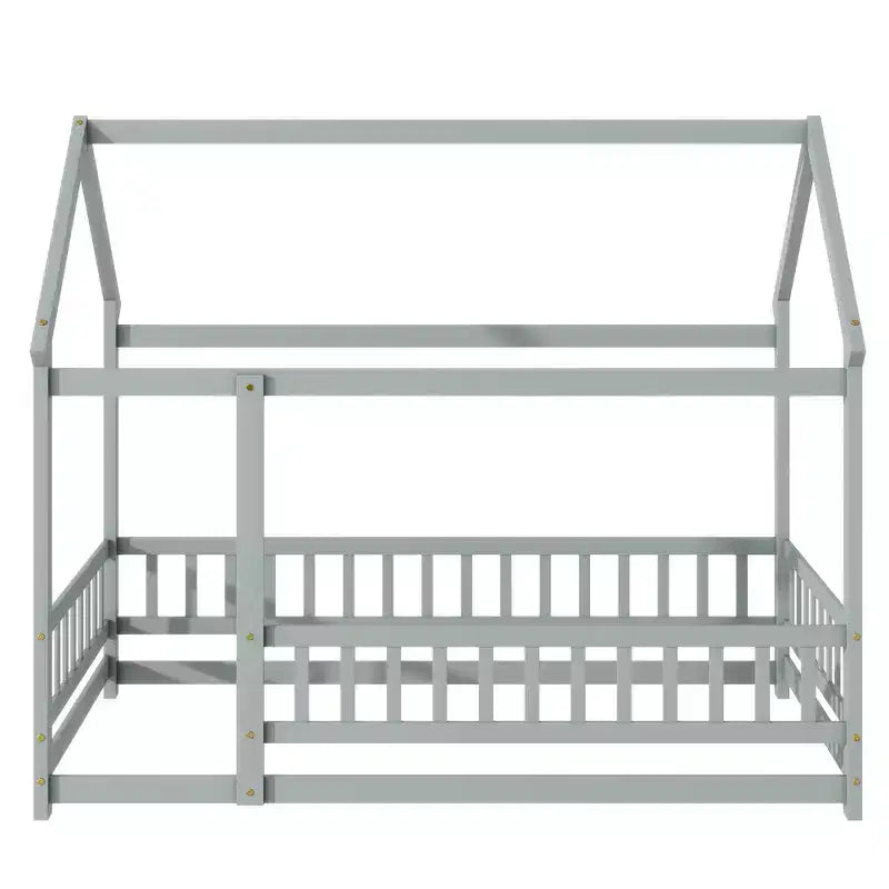 Twin House Floor Bed with Safety Guardrails,Rubber Wood House Floor Bed Frame with Montessori and Childlike Design,Gray