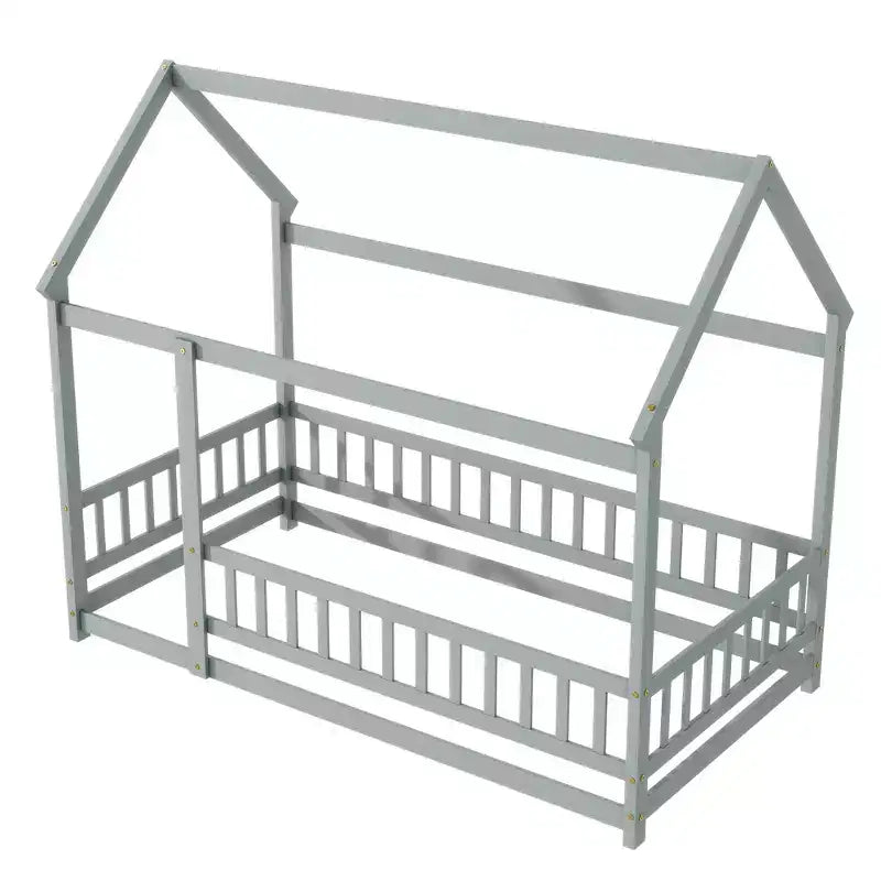 Twin House Floor Bed with Safety Guardrails,Rubber Wood House Floor Bed Frame with Montessori and Childlike Design,Gray