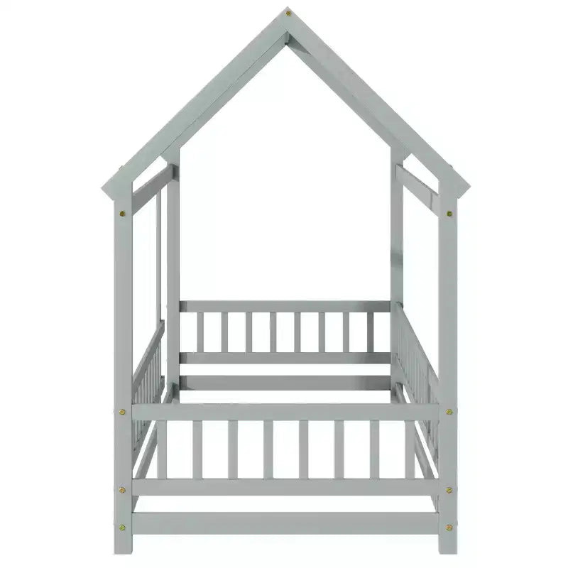 Twin House Floor Bed with Safety Guardrails,Rubber Wood House Floor Bed Frame with Montessori and Childlike Design,Gray