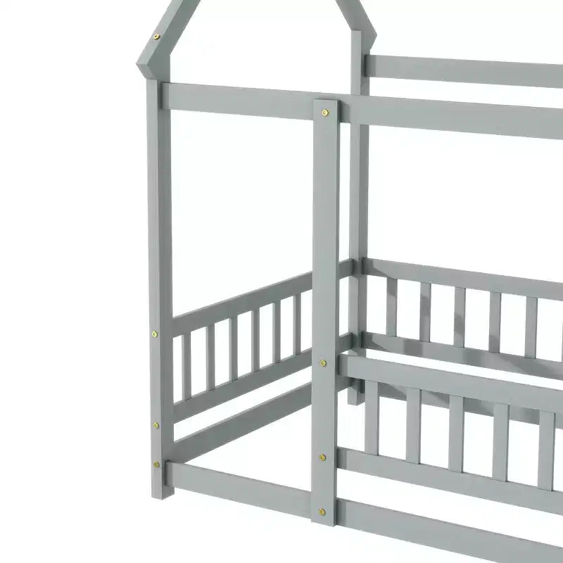 Twin House Floor Bed with Safety Guardrails,Rubber Wood House Floor Bed Frame with Montessori and Childlike Design,Gray