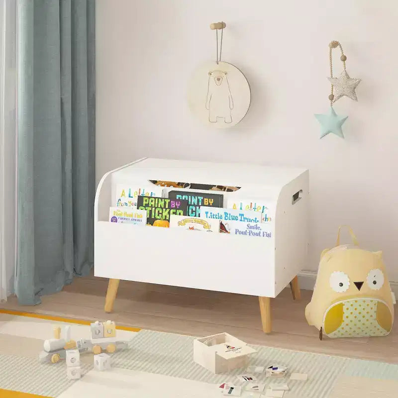 Wooden Toy Box, Kids Toy Storage Organizer with Front Bookshelf, Flip-Top Lid, Safety Hinge, Boys Girls Toy Chest Bench for Playroom Kids Room