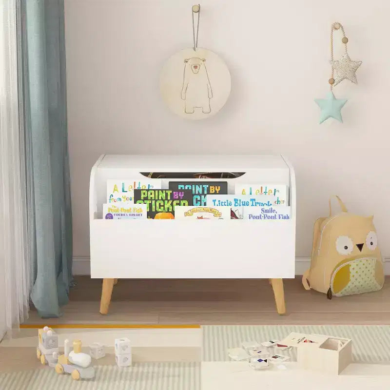 Wooden Toy Box, Kids Toy Storage Organizer with Front Bookshelf, Flip-Top Lid, Safety Hinge, Boys Girls Toy Chest Bench for Playroom Kids Room