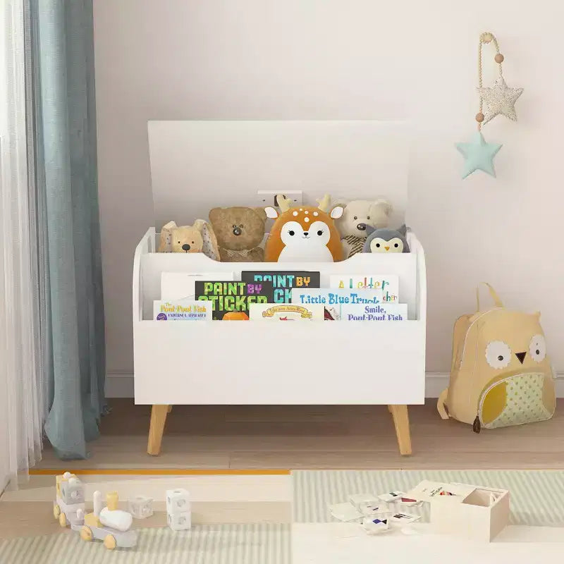 Wooden Toy Box, Kids Toy Storage Organizer with Front Bookshelf, Flip-Top Lid, Safety Hinge, Boys Girls Toy Chest Bench for Playroom Kids Room